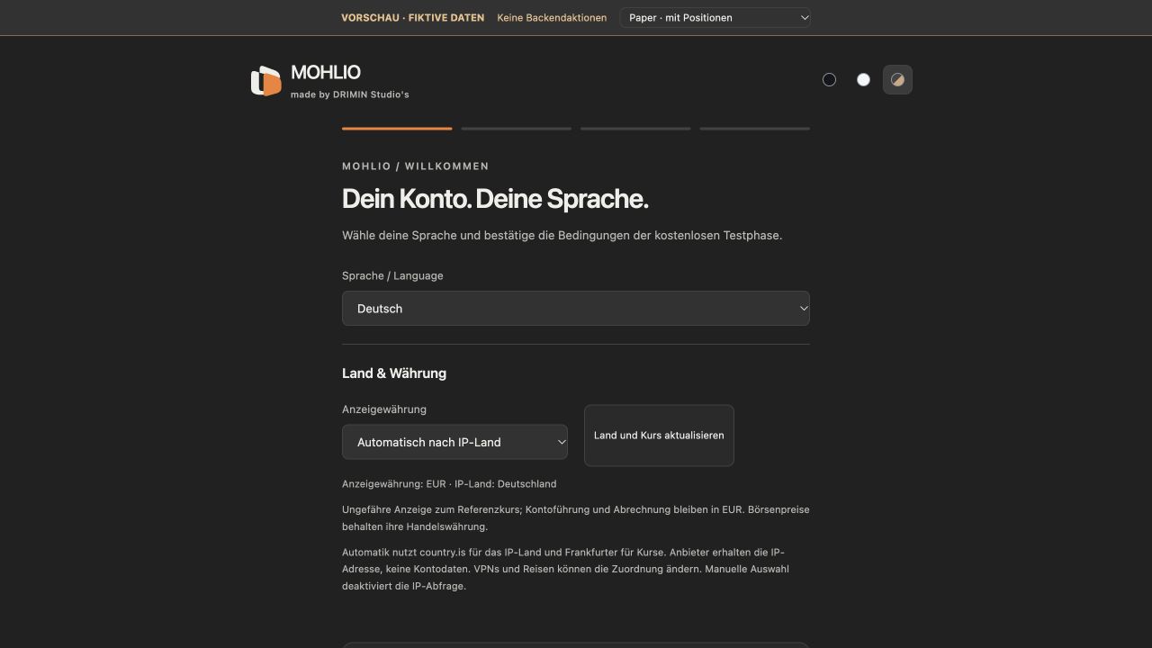 Echte Ansicht der MOHLIO-Testeinrichtung mit Sprache, Währung und Testbedingungen.